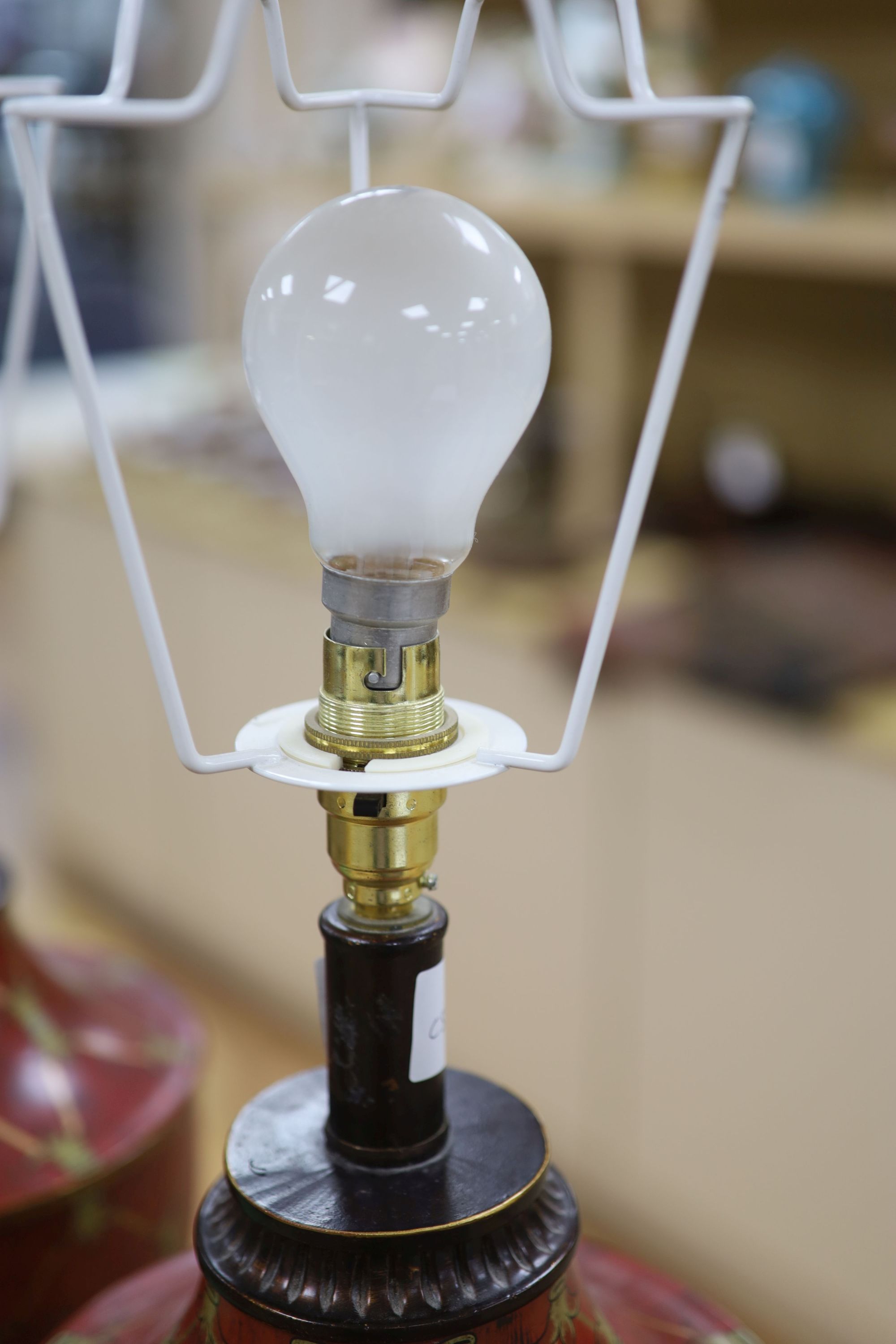 A pair of toleware vase shaped table lamps, height 48cm exl. electrical fittings